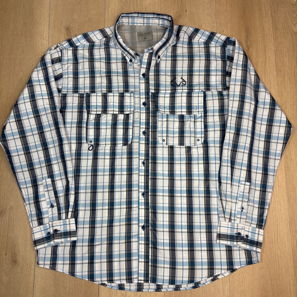Realtree Fishing Pro Series Blue Plaid Long Sleeve Button Down Performance Shirt